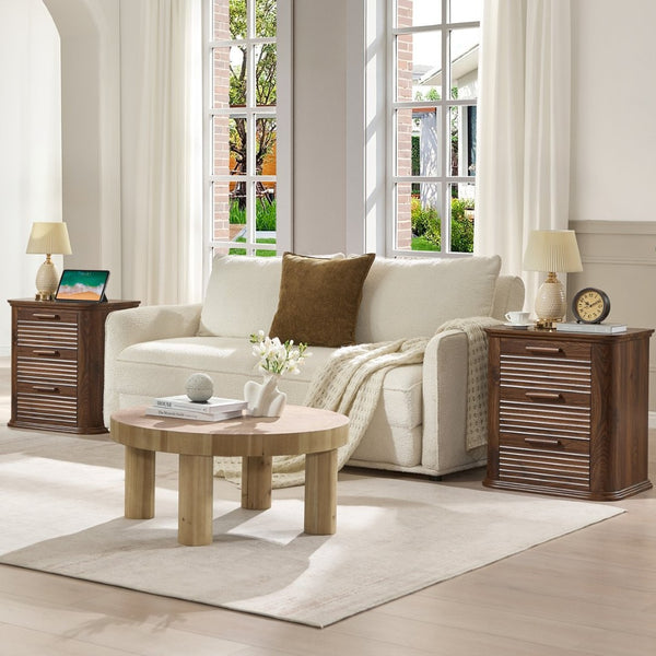 English Elm 22" Fluted Wood Nightstand with Built-in Charging Station Three Drawer Bedside Storage T5326P431148
