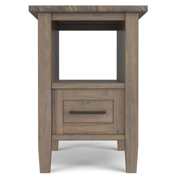 English Elm Ela Narrow End Table in Smoky Brown Wood, Handcrafted Solid Wood, Drawer & Open Shelf Storage, Transitional Style B136P203458