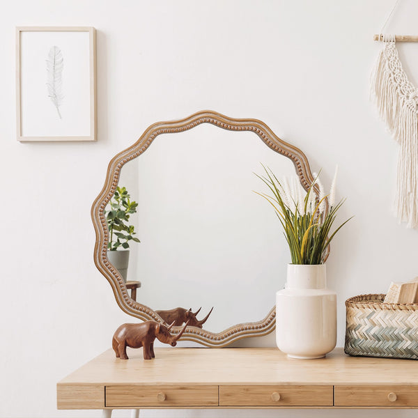English Elm 23.62 Antique Natural Wood Round Wavy Wall Mirror with Scalloped Frame Modern Farmhouse Decor W2295P290646