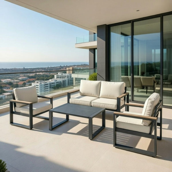 English Elm All-weather Aluminum Patio Conversation Set with Deep Cushions and Tempered Glass Table Beige+Grey B082S00117