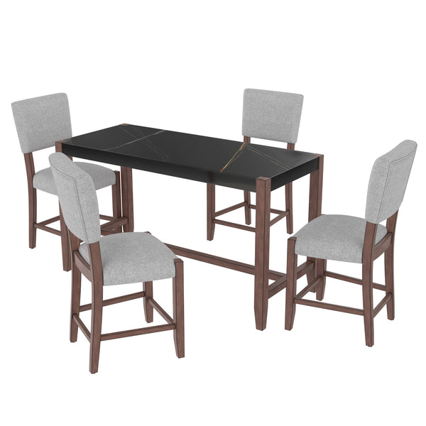 English Elm 5-Piece Counter Height Dining Set with Faux Marble Top and Upholstered Seats, Mid-Century Pub Charm Black+ Gray N752S000086B