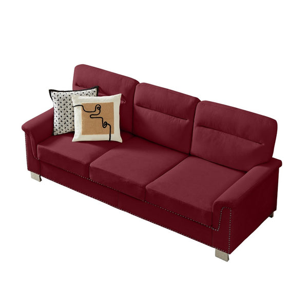 English Elm 82" Chesterfield Snowfleece Upholstered 3-seat Sofa Nailhead Trim Plush Living Room Burgundy W1359P386020