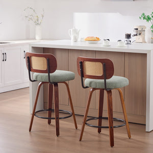 English Elm Set of 2 Swivel Counter Stools Walnut Frame Rattan Back Linen Seat Kitchen Island Light Green W1143P392172