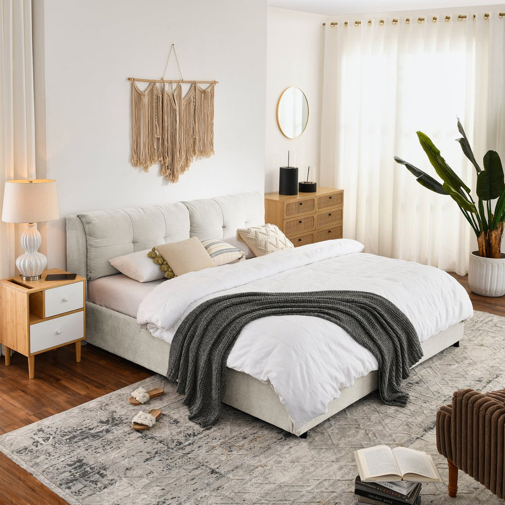 English Elm King Size Chenille Upholstered Hydraulic Platform Bed With Storage & Integrated Headboard, Beige W1413S00115