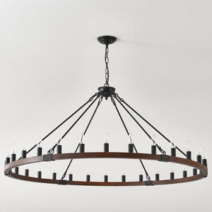 English Elm 53.15 Inch Wagon Wheel Chandelier Wood Matte Black 30 Light Seeded Glass Farmhouse W5008P464800