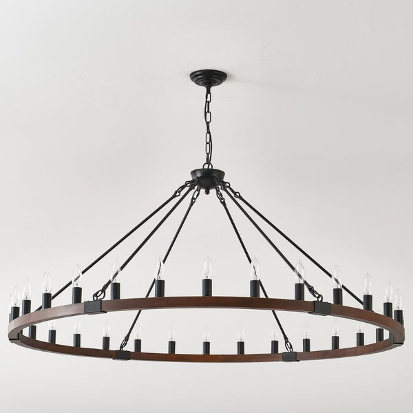 English Elm 53.15 Inch Wagon Wheel Chandelier Wood Matte Black 30 Light Seeded Glass Farmhouse W5008P464800