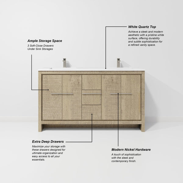 English Elm Rustic Acacia Double Bath Vanity 60" W With White Quartz Top & Gun Metal Faucet Set For Elegant Storage B2731P259212-GIGA