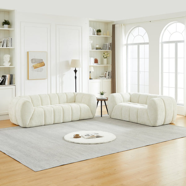 English Elm Chenille Cloud Sofa Quilted Checkered Seat Pure Foam Deep Cushion Contemporary Living Room Beige W834S00638