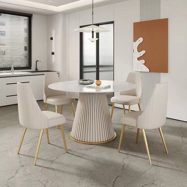 English Elm 53 Inch Sintered Stone Round Dining Table Stainless Tripod Base with Four Chairs W509S00173