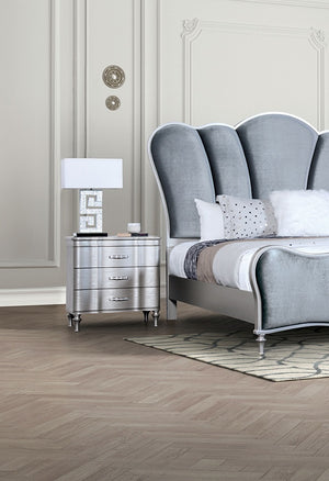 English Elm 1pc Nightstand Scalloped Serpentine Front Bedside Table with Chrome Pulls Elegant Art Deco Flair Silver 31 L x 20 W x 28 H B011P326225