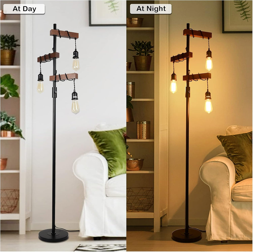 English Elm Dimmable Industrial Floor Lamp 68" 3-Head Wood & Metal Tree Lamp with Rotary Dimmer, Rustic Vintage Accent W2738P227440