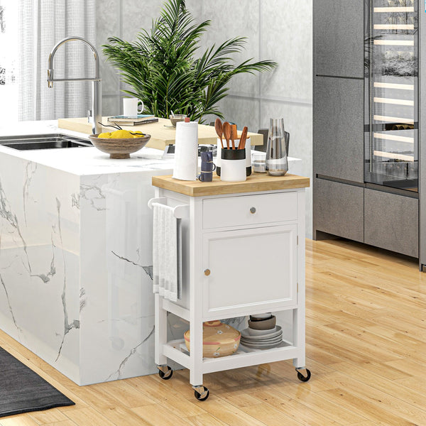 English Elm HOMCOM Rolling Kitchen Cart with Rubberwood Butcher Block Top, Drawer Cabinet Shelf & Towel Rack White W2225P217386