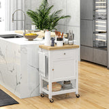 English Elm Homcom Utility Kitchen Cart, Rolling Kitchen Island With Smooth Rubberwood Top, Narrow Butcher Block Surface On Wheels With Storage Drawer & Cabinet, White