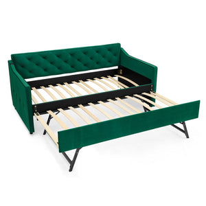 English Elm Twin Linen Tufted Daybed with Pop up Trundle and Usb Port for Guest Rooms Green W1413S00130