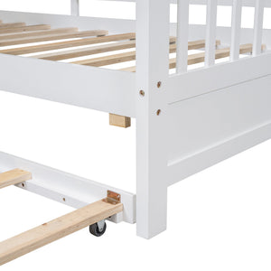 English Elm Wooden Full Size House Bed with Trundle and Built-In Shelves — Modern Pine Frame, Whimsical Roof Design White 57.2 L x 16.25 W x 5.9 H N733S316125K