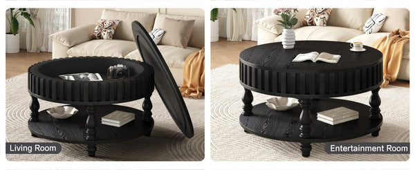 English Elm Farmhouse Fluted Square Coffee Table with Flip Top Hidden Compartment and Open Shelf Black W1445P370482