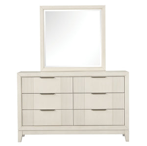 English Elm Antique White Six Drawer Dresser with Mirror Fluted Wood Panels Chrome Pulls B2741S00927