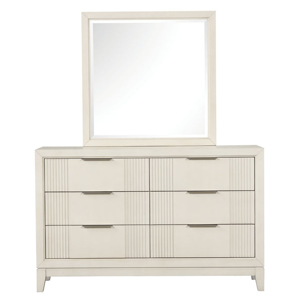 English Elm Antique White Six Drawer Dresser with Mirror Fluted Wood Panels Chrome Pulls B2741S00927