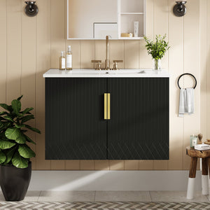 English Elm 30" Vintage Bathroom Vanity with Ceramic Sink — Wall-Mount MDF & Solid Wood Cabinet, Storage, Sleek Finish Black N710P214100B