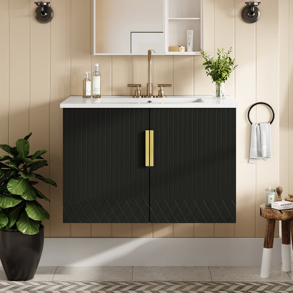 English Elm 30" Vintage Bathroom Vanity with Ceramic Sink — Wall-Mount MDF & Solid Wood Cabinet, Storage, Sleek Finish Black N710P214100B