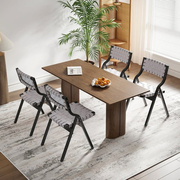 English Elm Wood Folding Dining Chairs Woven Rattan Seat Webbing Back Teak Finish Set of 2 T3623P431374