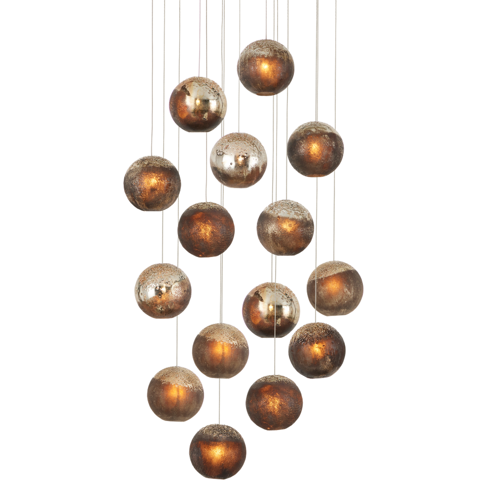 Pathos 15-Light Multi-Drop Pendant - Handcrafted Glass Shades in Antique Gold & Charcoal Finish