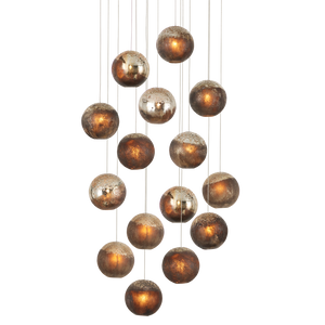 Pathos 15-Light Multi-Drop Pendant - Handcrafted Glass Shades in Antique Gold & Charcoal Finish