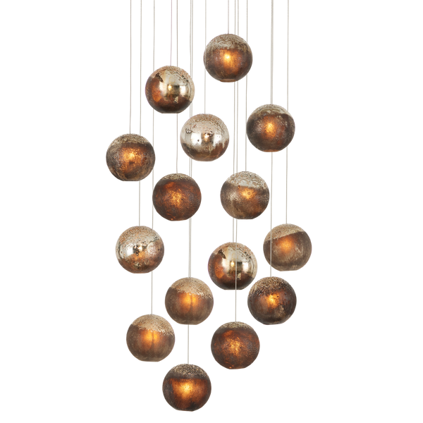 Pathos 15-Light Multi-Drop Pendant - Handcrafted Glass Shades in Antique Gold & Charcoal Finish