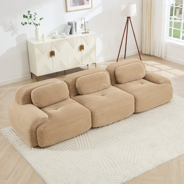 English Elm 3-seat Modular Corduroy Sectional Sofa Ergonomic Curved Design for Living Rooms Camel W714S01239