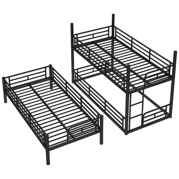 English Elm Twin Triple Metal Bunk Bed Matte Powder Coated Frame with Full Safety Guardrails Black W1580S00578