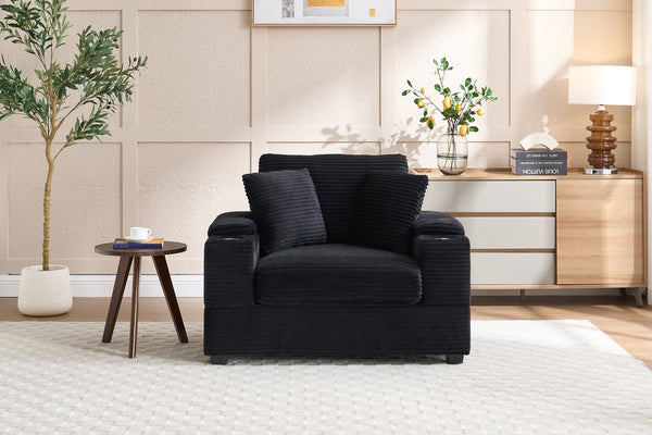 English Elm Corduroy Upholstered Chaise Lounge Sofa with Movable Ottoman, Cup Holder, Deep Seat Comfort Black W2120S00011