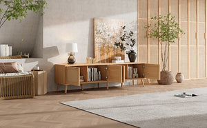 English Elm 70inch Rattan Door Media Console with Pine Legs and Cable Management for Living Room N710P365049P