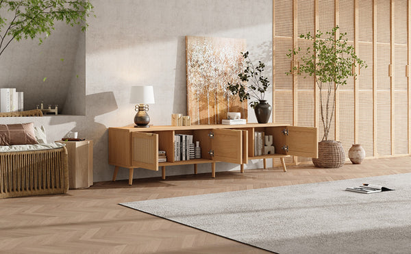 English Elm 70inch Rattan Door Media Console with Pine Legs and Cable Management for Living Room N710P365049P