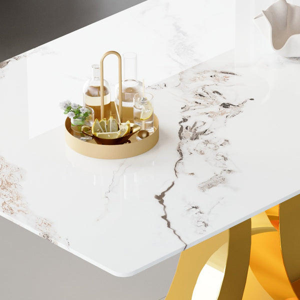 English Elm Marble-Veined Glass Dining Set: 63-Inch Transformable Table & 4 Ergonomic U-Shaped Armchairs, Modern Elegance W2920S00085