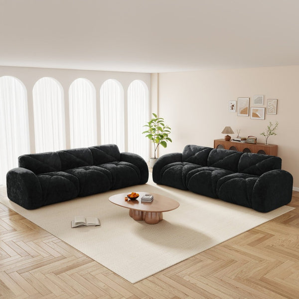 English Elm 2 Piece Velvet Sofa Set Tufted 6 Seat Modular Living Room Seating with Deep Cushions Black W714S01850