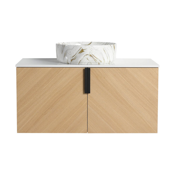 English Elm 36" Modern Bathroom Vanity With Ceramic Sink & Stone Slab, Wall-Mounted, Soft-Close Doors, Oak Finish W999S00450