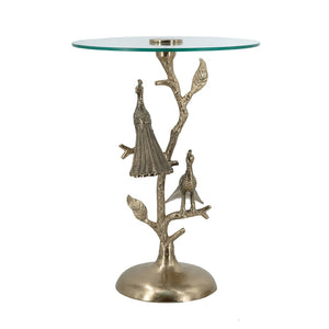 English Elm 17.7x17.7x24" Gold Peacock Round Glass Top Sculptural Aluminum Art Deco Accent Table W2078P461575