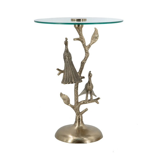 English Elm 17.7x17.7x24" Gold Peacock Round Glass Top Sculptural Aluminum Art Deco Accent Table W2078P461575