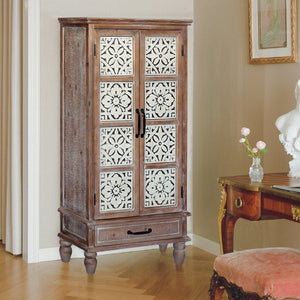 English Elm 55.12'' Tall Tower Storage Cabinet Natural+White Rustic Distressed Sideboard Pantry with Drawer and Black Metal Pulls W2295P246674