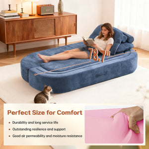 English Elm Modern Curved Floor Sofa Bed with 2 Pillows, No Assembly, High-Density Foam, Foldable Quilt Storage Dark Blue W3565P371223