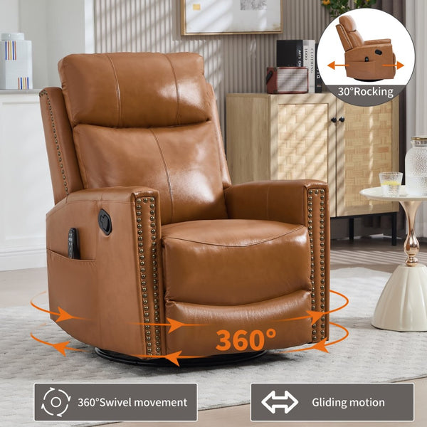 English Elm Orange Genuine Leather Massage Rocking Swivel Recliner with Lumbar Heat for Living Room W1803P323715