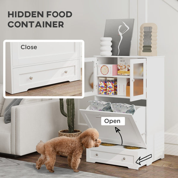 English Elm Pet Feeder Storage Cabinet with Raised Bowls Tempered Glass Door and White Mdf Build T3971P407156