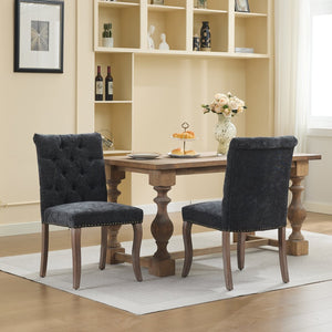 English Elm Upholstered Chenille Tufted Dining Chairs Set of 2 with Curved Wood Legs Club Style Black W1143P457781