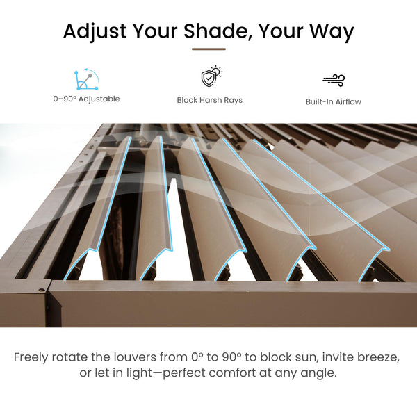 English Elm 10x12 Modern Brown Louvered Pergola with Dual Adjustable Aluminum Louvers, Gutter, Secure Mounting W1859S00124