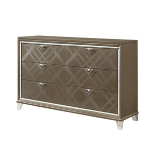 English Elm Skylar Mirrored Beveled 6-Drawer Dresser with Embossed Fronts, Acrylic Legs & Smooth Metal Glides Champagne 68 L x 20 W x 42 H B2726P261236