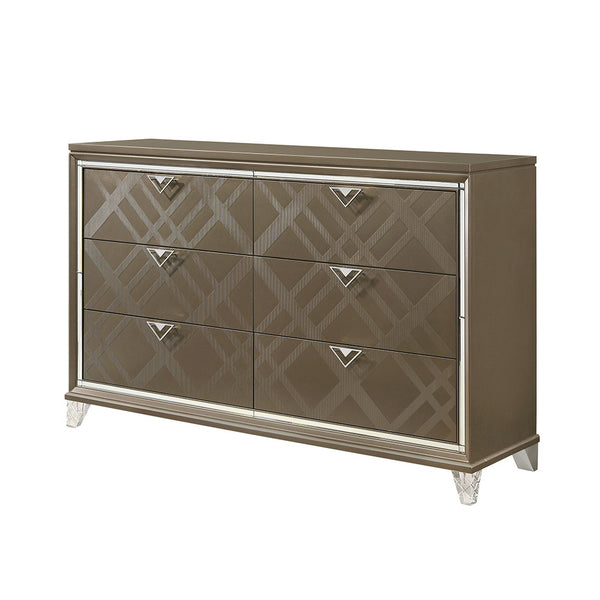 English Elm Skylar Mirrored Beveled 6-Drawer Dresser with Embossed Fronts, Acrylic Legs & Smooth Metal Glides Champagne 68 L x 20 W x 42 H B2726P261236