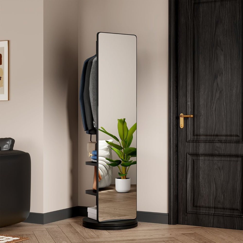 English Elm 360° Swivel Full Length Mirror with Coat Hooks Solid Rubberwood Frame Bedroom Entryway W2987P225480