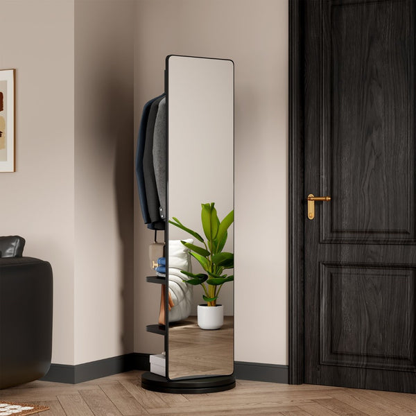 English Elm 360° Swivel Full Length Mirror with Coat Hooks Solid Rubberwood Frame Bedroom Entryway W2987P225480