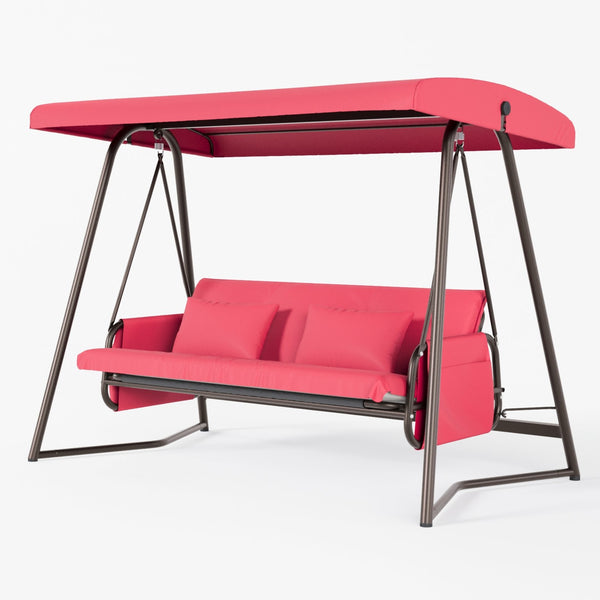 English Elm Outdoor 3 Seater Metal Swing Chair with Plush Cushion, Convertible Bed, Breathable Teslin Fabric Canopy Durable Suspension System Quiet Swing for Patio and Garden Comfort 3-Person Seating Red W400P149696