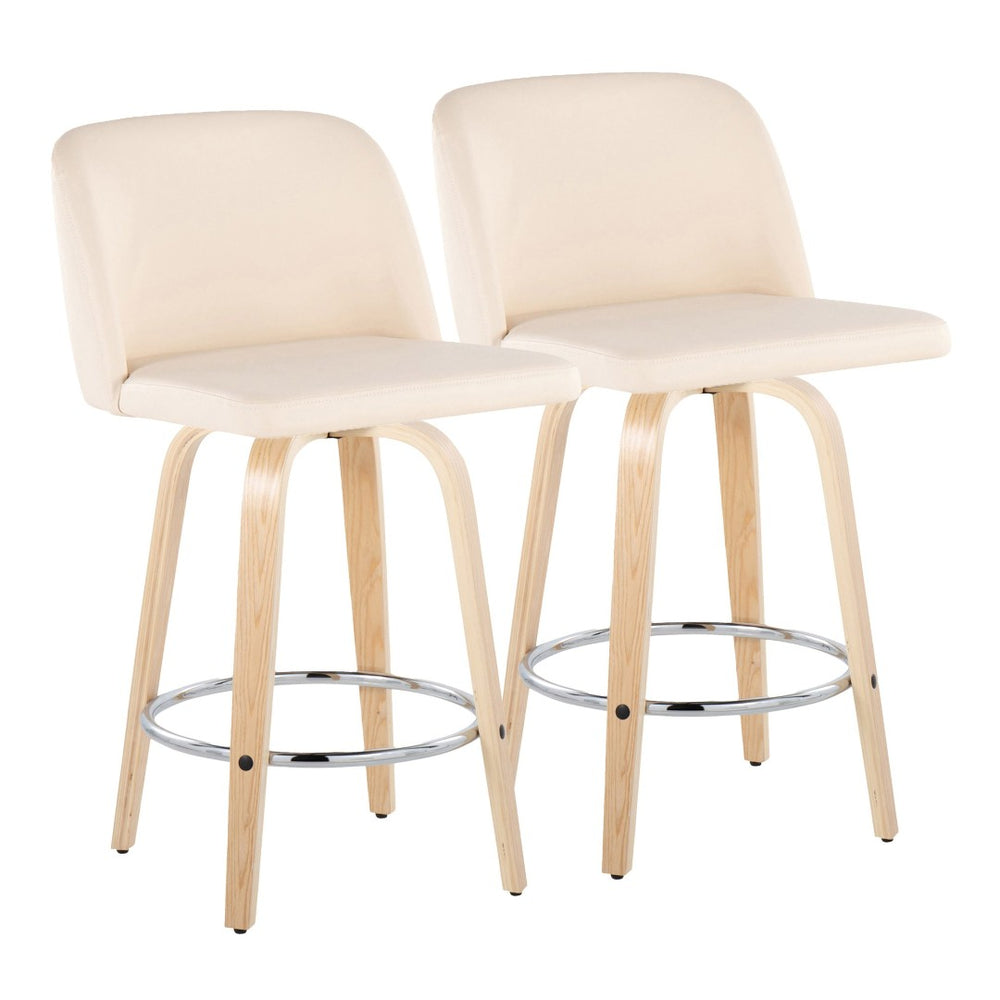 English Elm Toriano 26" Stylish Fixed Height Counter Stool Set Of 2 With Swivel, Cream Faux Leather & Natural Wood B202S00433-GIGA